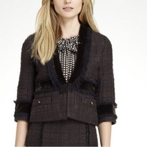 TORY BURCH THE IMERA TWEED VELVET JACKET  BLAZER IN CHOCOLATE BROWN - Picture 5 of 5